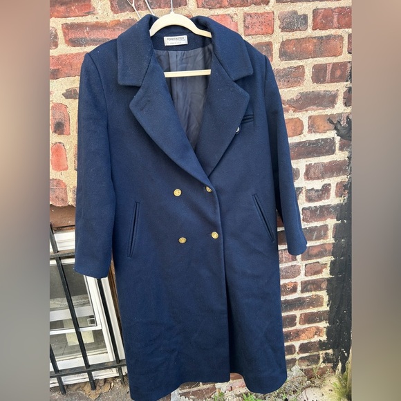 Vtg Forcaster Of Boston 100% Wool Trench Coat Navy Blue Buttoned Lined Sz 11/12 - Picture 1 of 3